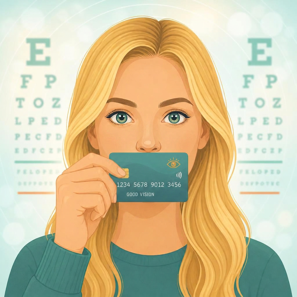 Cartoon example of a person holding a bank card horizontally under their nose, facing the camera
